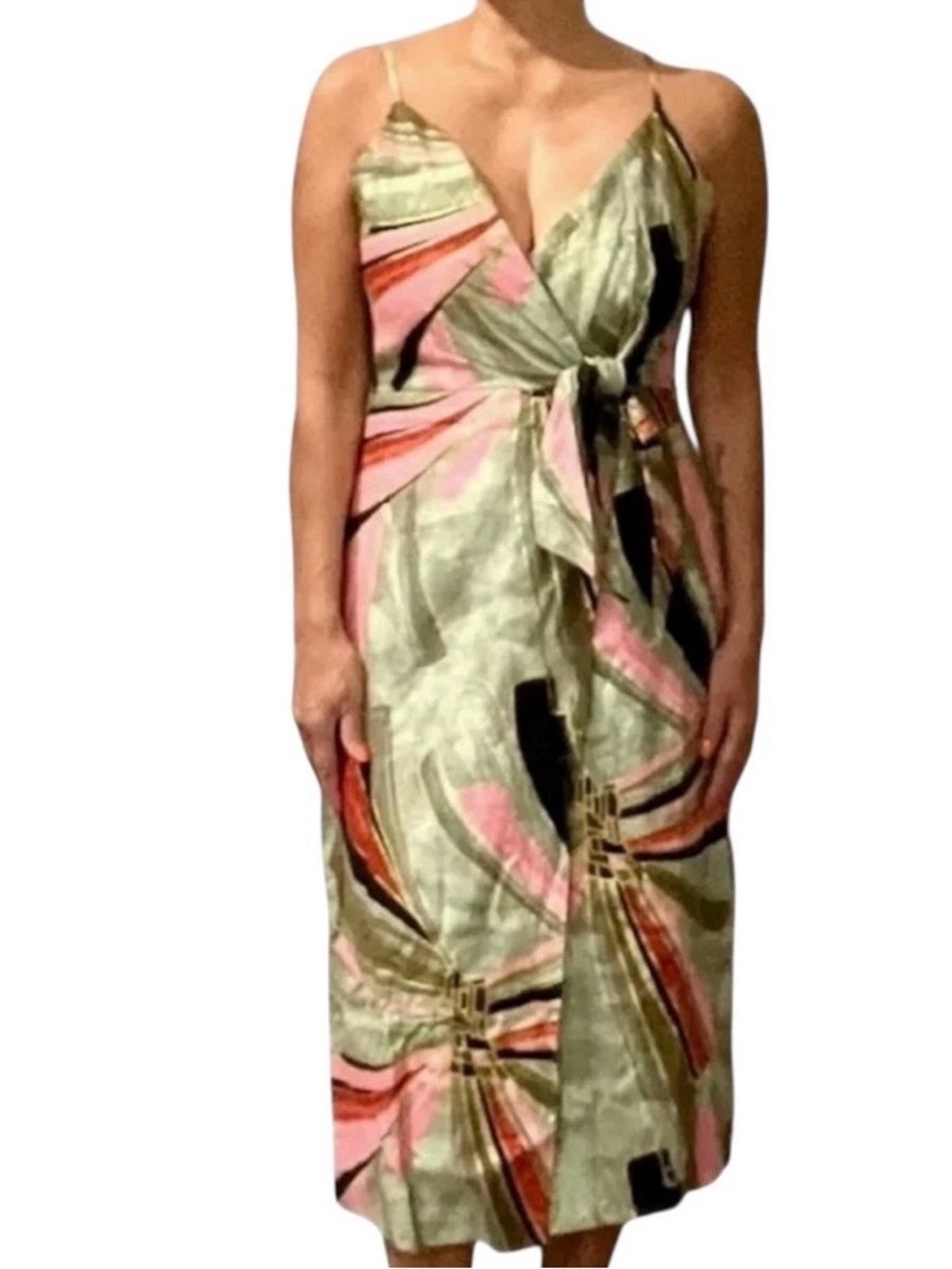Jason Wu Linen Blend Surplice Faux Wrap Tie Front Midi Dress Tropical Size 8 - Picture 6 of 6